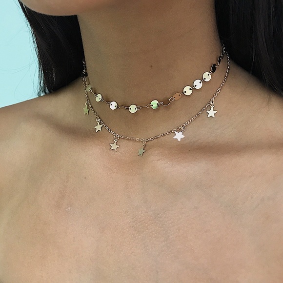 🆕 Gold Double Layer Sequin + Star Chain Choker - Picture 2 of 3
